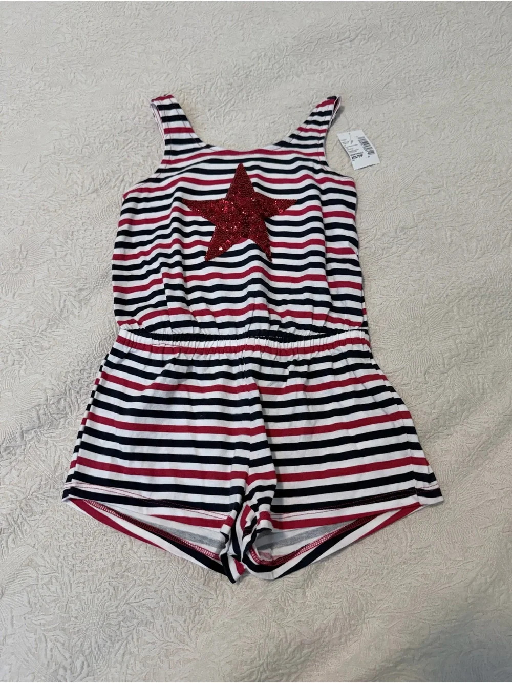 The Children's Place Navy and White Striped Romper with Red Sequin Star